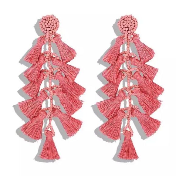 Boho Coral Pink Tiered Tassel Beaded Drop Earrings NWT - Picture 6 of 6
